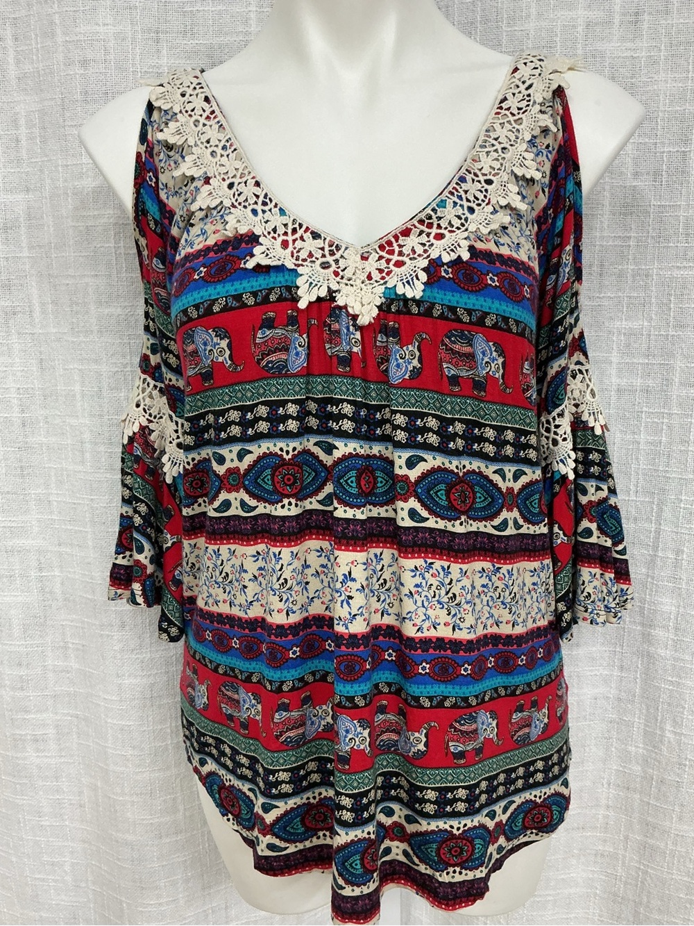 G Collection Crochet-Trim Cold-Shoulder Tunic in Red Multi